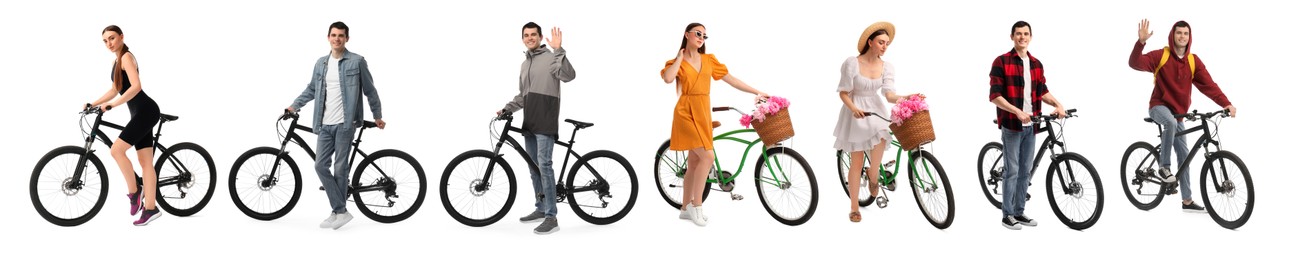 Image of Young man and woman with bicycles on white background. Collection of photos
