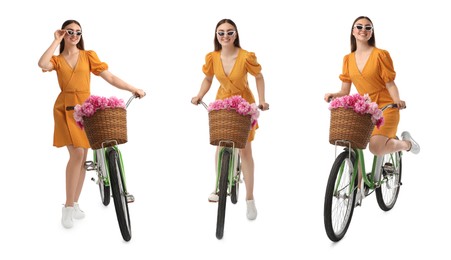 Image of Beautiful woman in sunglasses with bicycle and basket of peonies on white background, collage of photos