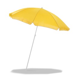 Image of Yellow beach umbrella casting shadow on white background