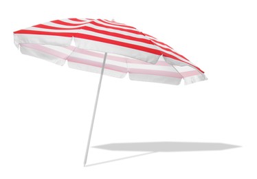 Image of Red striped beach umbrella casting shadow on white background