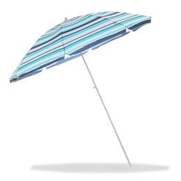 Image of Blue striped beach umbrella casting shadow on white background
