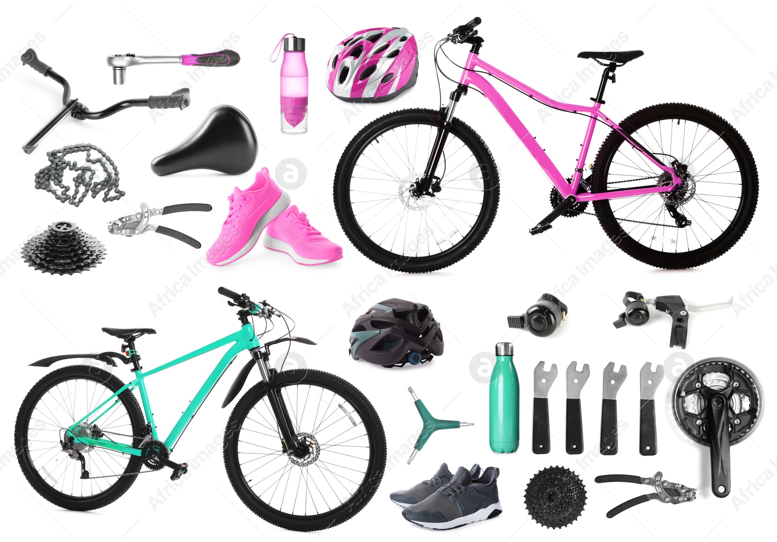 Bicycles, its parts and accessories on white background, collage Image of Bicycles, its parts and accessories on white background, collage