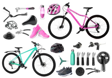 Image of Bicycles, its parts and accessories on white background, collage