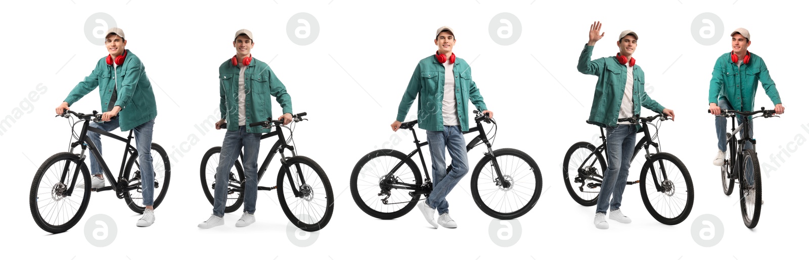Young man with headphones and bicycle on white background, collage of photos Image of Young man with headphones and bicycle on white background, collage of photos