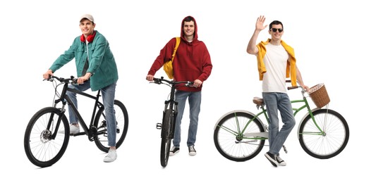 Image of Young man with bicycle on white background. Collection of photos