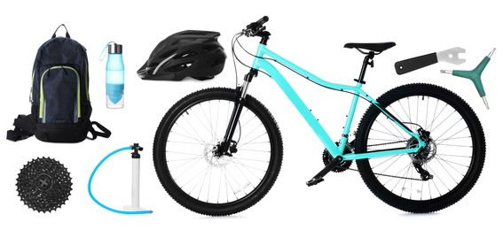 Image of Bicycle, its parts and accessories on white background, collage