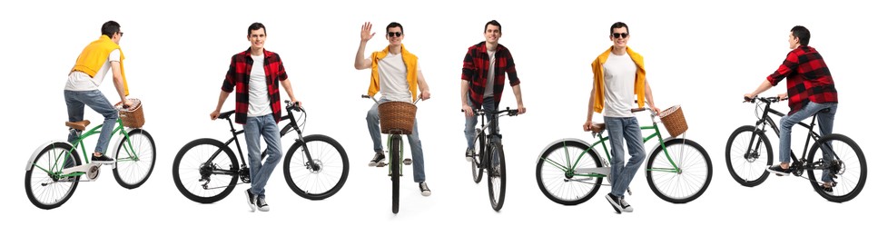 Image of Young man with bicycle on white background. Collection of photos