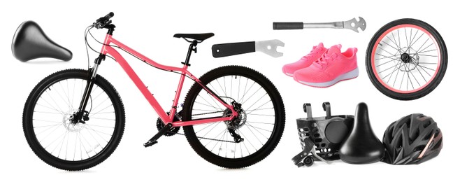 Image of Bicycle, its parts and accessories on white background, collage