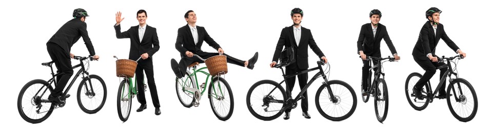Image of Young man with bicycle on white background. Collection of photos