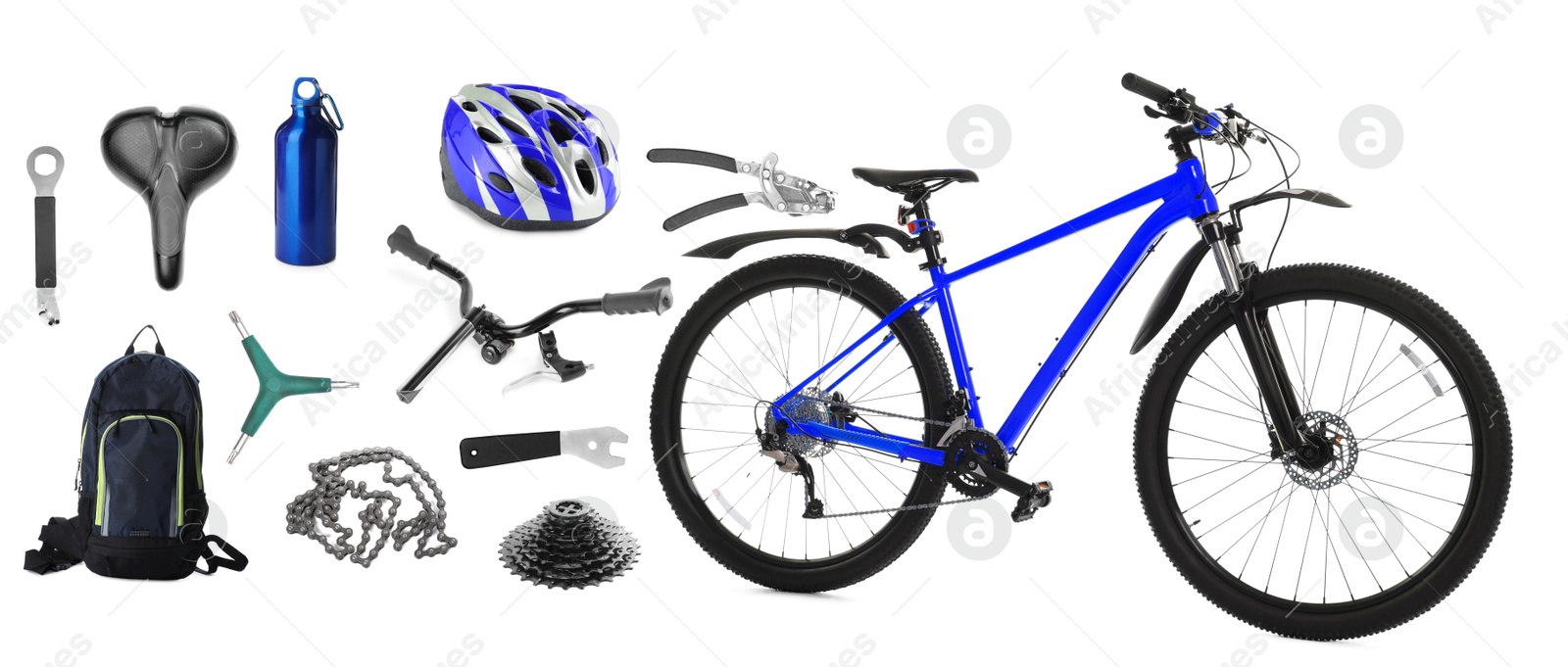 Bicycle, its parts and accessories on white background, collage Image of Bicycle, its parts and accessories on white background, collage
