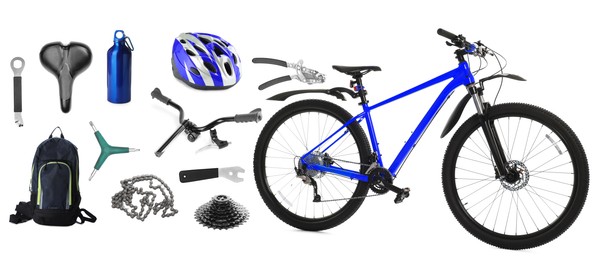 Image of Bicycle, its parts and accessories on white background, collage
