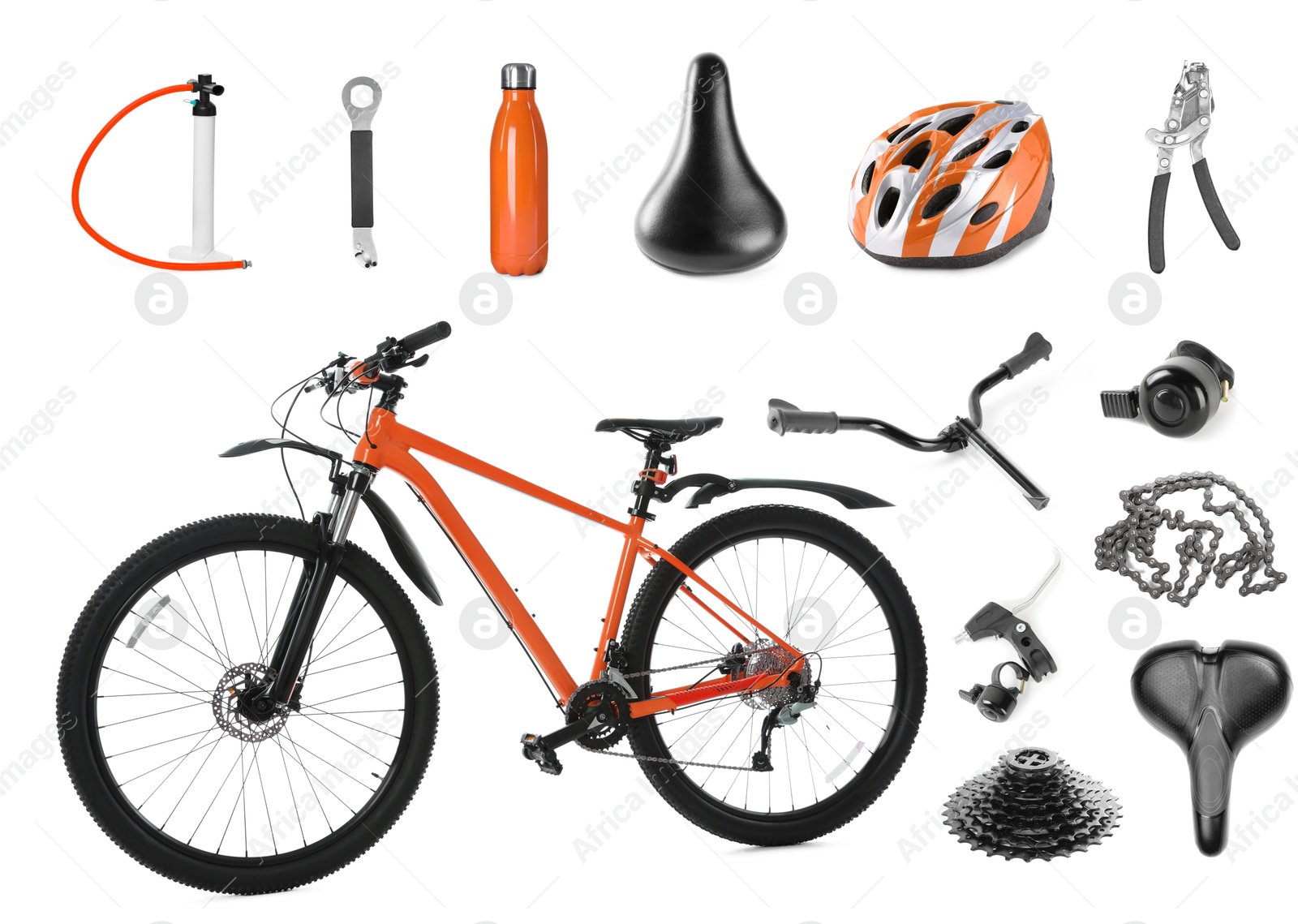 Bicycle, its parts and accessories on white background, collage Image of Bicycle, its parts and accessories on white background, collage