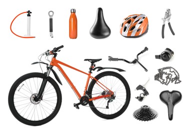 Image of Bicycle, its parts and accessories on white background, collage
