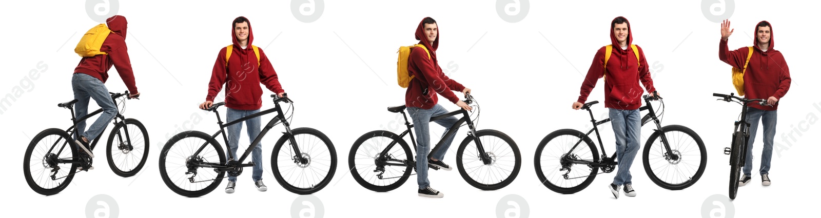 Young man with bicycle on white background, collage of photos Image of Young man with bicycle on white background, collage of photos