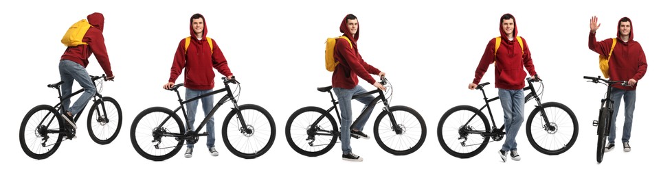 Image of Young man with bicycle on white background, collage of photos