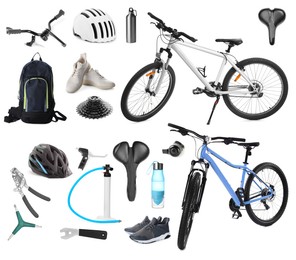 Image of Bicycles, its parts and accessories on white background, collage