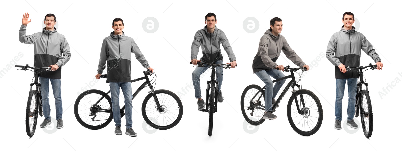 Young man with bicycle on white background, collage of photos Image of Young man with bicycle on white background, collage of photos