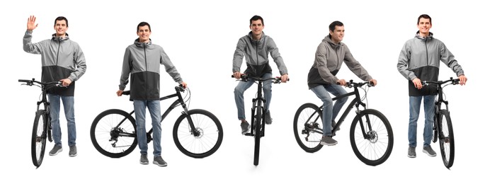 Image of Young man with bicycle on white background, collage of photos