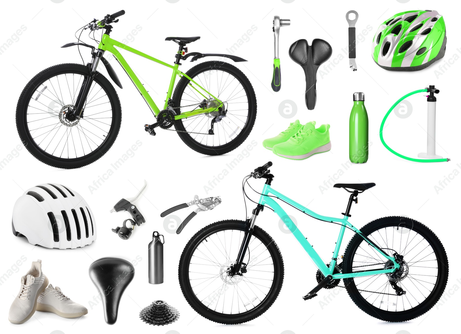 Bicycles, its parts and accessories on white background, collage Image of Bicycles, its parts and accessories on white background, collage