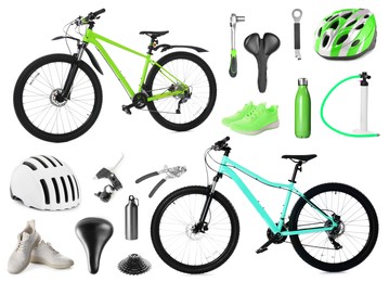 Image of Bicycles, its parts and accessories on white background, collage