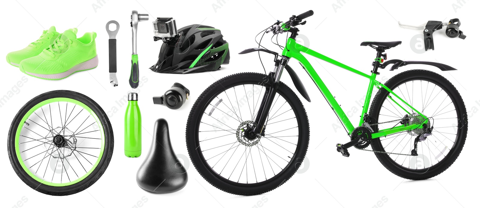 Bicycle, its parts and accessories on white background, collage Image of Bicycle, its parts and accessories on white background, collage