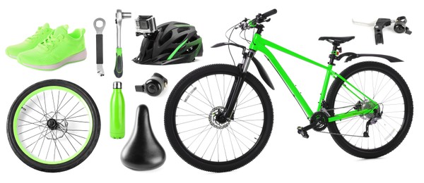 Image of Bicycle, its parts and accessories on white background, collage