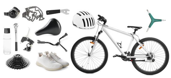 Image of Bicycle, its parts and accessories on white background, collage