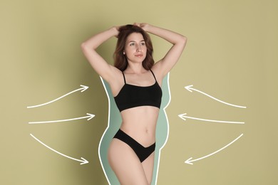 Image of Beautiful woman showing her slim body as result of healthy lifestyle on color background. Outline of previous overweight figure around