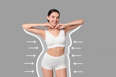 Image of Beautiful woman showing her slim body as result of healthy lifestyle on grey background. Outline of previous overweight figure around