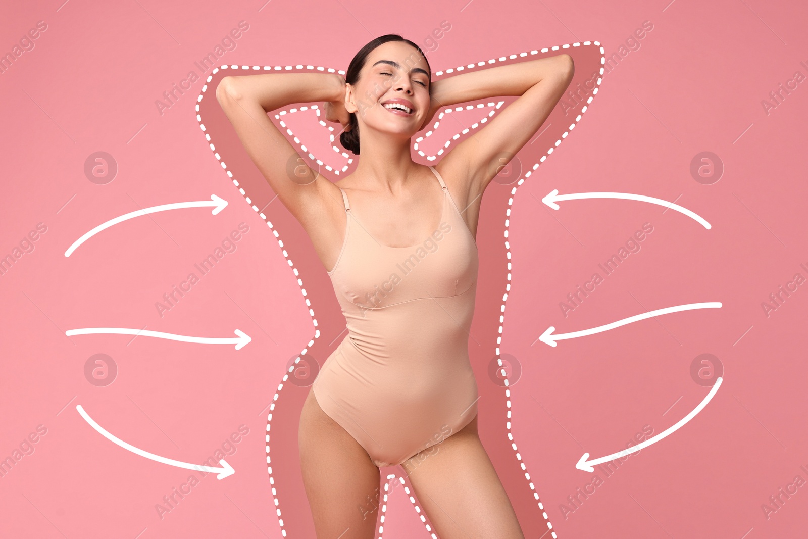Beautiful woman showing her slim body as result of healthy lifestyle on pink background. Outline of previous overweight figure around Image of Beautiful woman showing her slim body as result of healthy lifestyle on pink background. Outline of previous overweight figure around