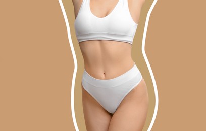 Image of Slim woman showing her perfect body on pale brown background, closeup. Outline of previous overweight figure around. Healthy lifestyle