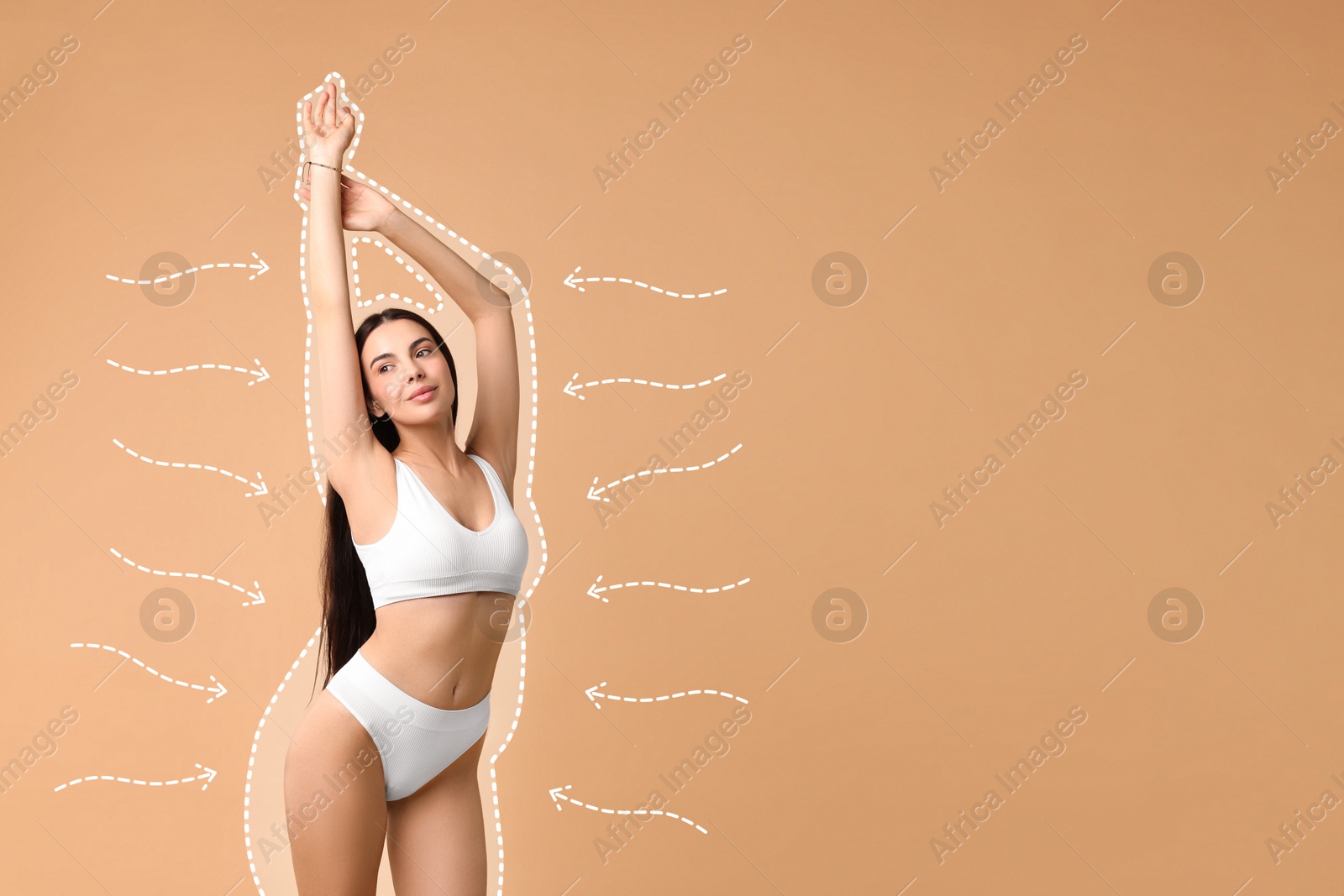 Beautiful woman showing her slim body as result of healthy lifestyle on pale brown background. Outline of previous overweight figure around Image of Beautiful woman showing her slim body as result of healthy lifestyle on pale brown background. Outline of previous overweight figure around