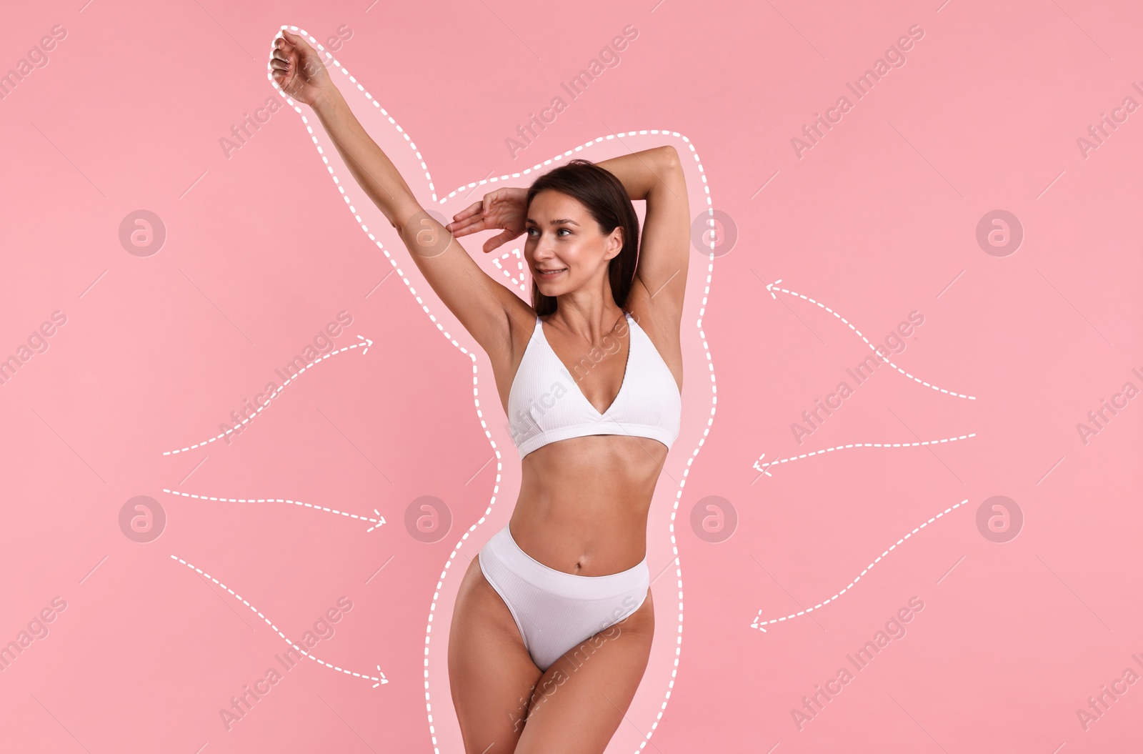 Beautiful woman showing her slim body as result of healthy lifestyle on pink background. Outline of previous overweight figure around Image of Beautiful woman showing her slim body as result of healthy lifestyle on pink background. Outline of previous overweight figure around