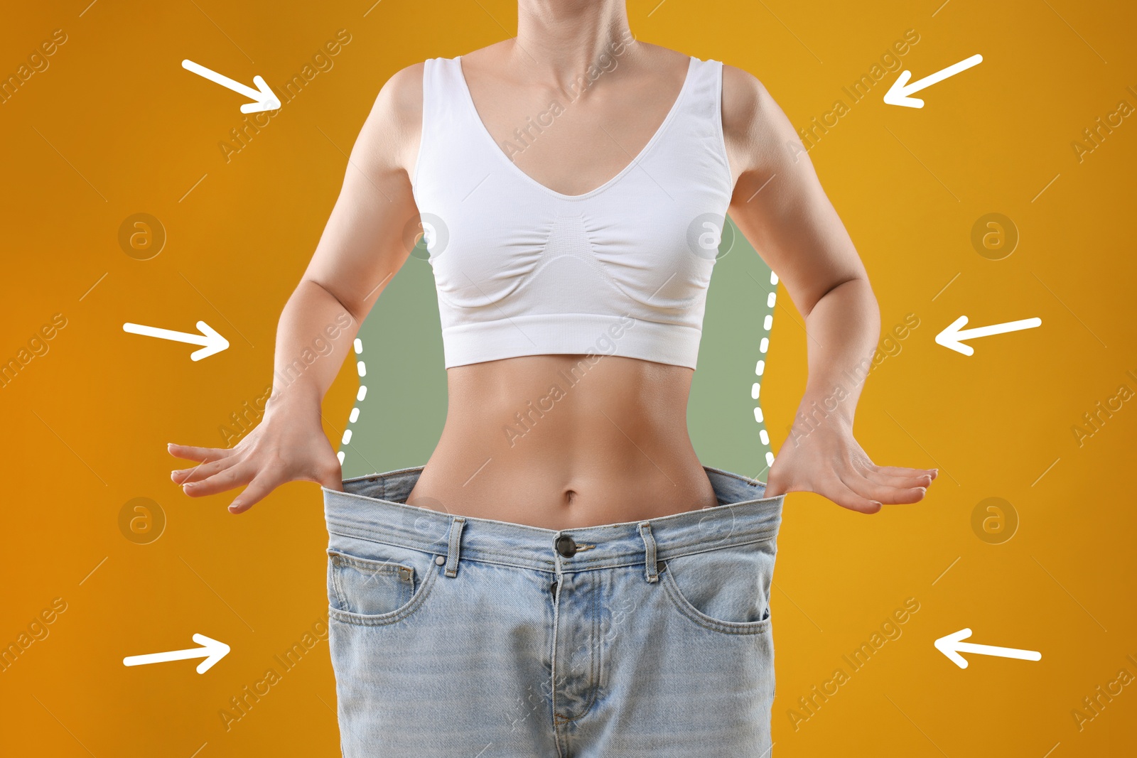 Slim woman with perfect body in oversized jeans on golden background, closeup. Outline of previous overweight figure around. Result of healthy lifestyle Image of Slim woman with perfect body in oversized jeans on golden background, closeup. Outline of previous overweight figure around. Result of healthy lifestyle