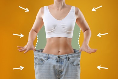 Image of Slim woman with perfect body in oversized jeans on golden background, closeup. Outline of previous overweight figure around. Result of healthy lifestyle
