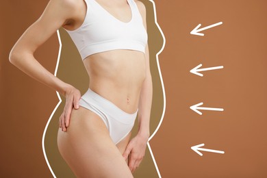 Image of Slim woman showing her perfect body on pale brown background, closeup. Outline of previous overweight figure around. Healthy lifestyle