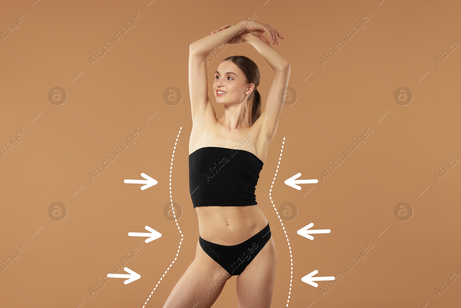 Image of Beautiful woman showing her slim body as result of healthy lifestyle on pale brown background. Outline of previous overweight figure around