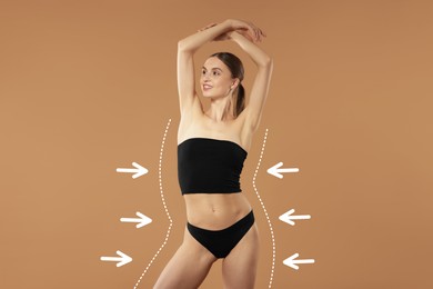 Image of Beautiful woman showing her slim body as result of healthy lifestyle on pale brown background. Outline of previous overweight figure around