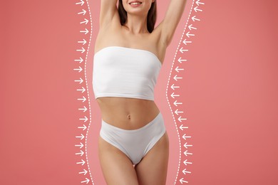 Image of Slim woman showing her perfect body on coral color background, closeup. Outline of previous overweight figure around. Healthy lifestyle