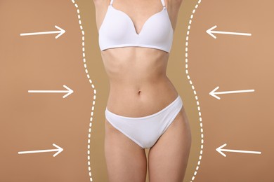 Image of Slim woman showing her perfect body on pale brown background, closeup. Outline of previous overweight figure around. Healthy lifestyle