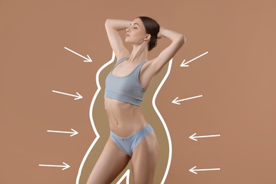 Image of Beautiful woman showing her slim body as result of healthy lifestyle on pale brown background. Outline of previous overweight figure around