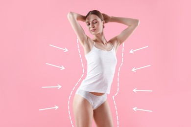 Image of Beautiful woman showing her slim body as result of healthy lifestyle on pink background. Outline of previous overweight figure around