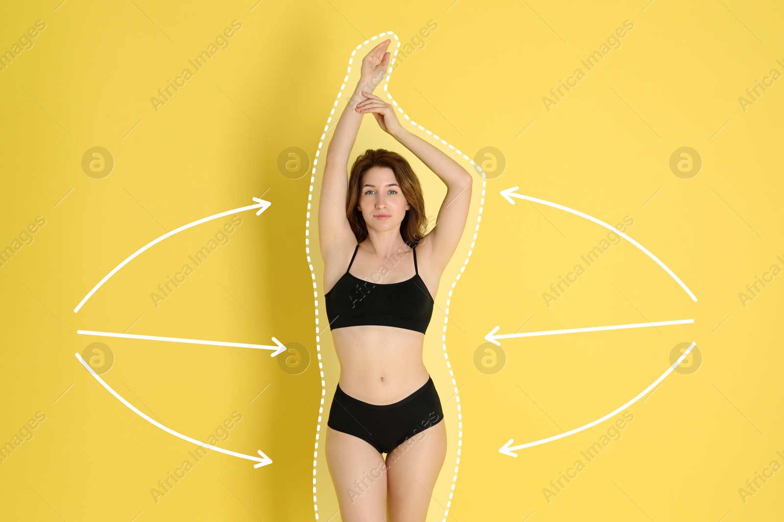 Beautiful woman showing her slim body as result of healthy lifestyle on yellow background. Outline of previous overweight figure around Image of Beautiful woman showing her slim body as result of healthy lifestyle on yellow background. Outline of previous overweight figure around