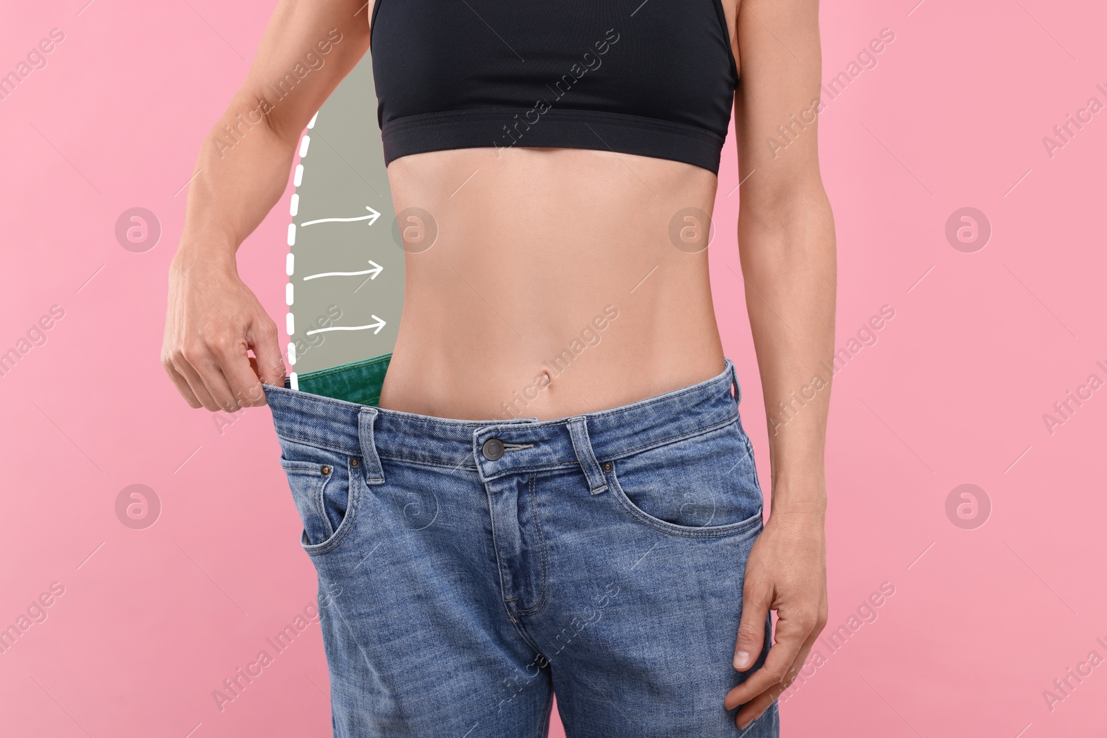 Slim woman with perfect body in oversized jeans on pink background, closeup. Outline of previous overweight figure around. Result of healthy lifestyle Image of Slim woman with perfect body in oversized jeans on pink background, closeup. Outline of previous overweight figure around. Result of healthy lifestyle