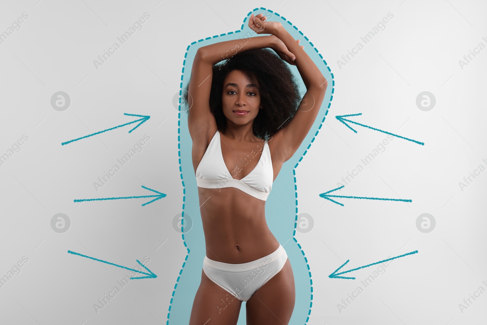 Beautiful woman showing her slim body as result of healthy lifestyle on light background. Outline of previous overweight figure around Image of Beautiful woman showing her slim body as result of healthy lifestyle on light background. Outline of previous overweight figure around