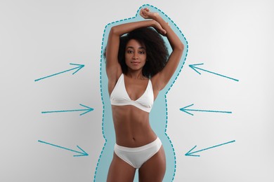 Image of Beautiful woman showing her slim body as result of healthy lifestyle on light background. Outline of previous overweight figure around