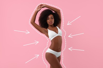 Image of Beautiful woman showing her slim body as result of healthy lifestyle on pink background. Outline of previous overweight figure around