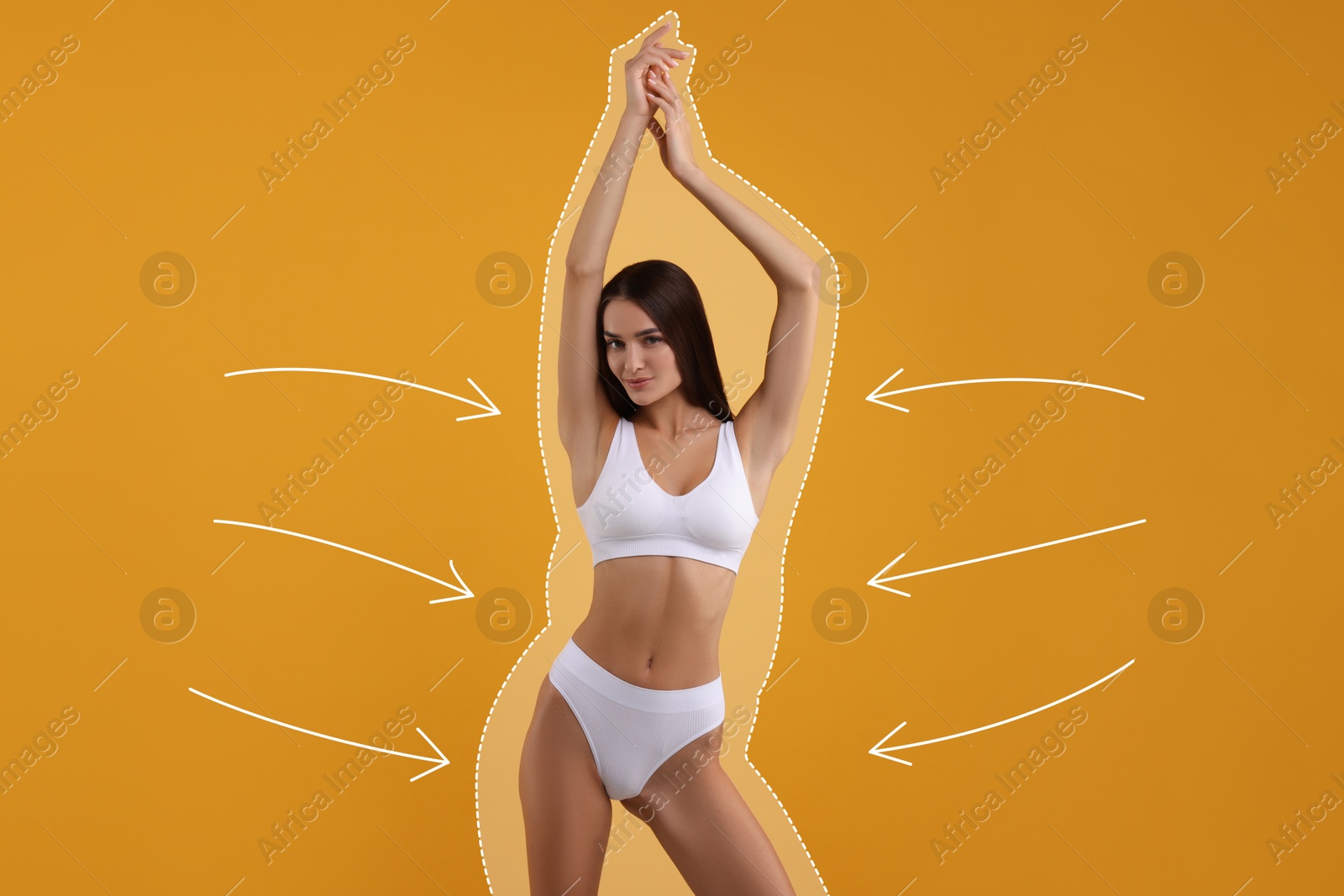 Beautiful woman showing her slim body as result of healthy lifestyle on golden background. Outline of previous overweight figure around Image of Beautiful woman showing her slim body as result of healthy lifestyle on golden background. Outline of previous overweight figure around