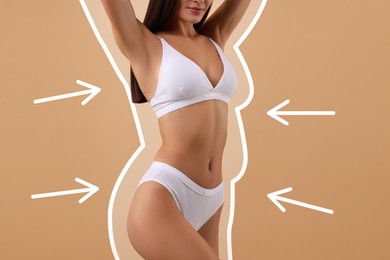 Image of Slim woman showing her perfect body on pale brown background, closeup. Outline of previous overweight figure around. Healthy lifestyle