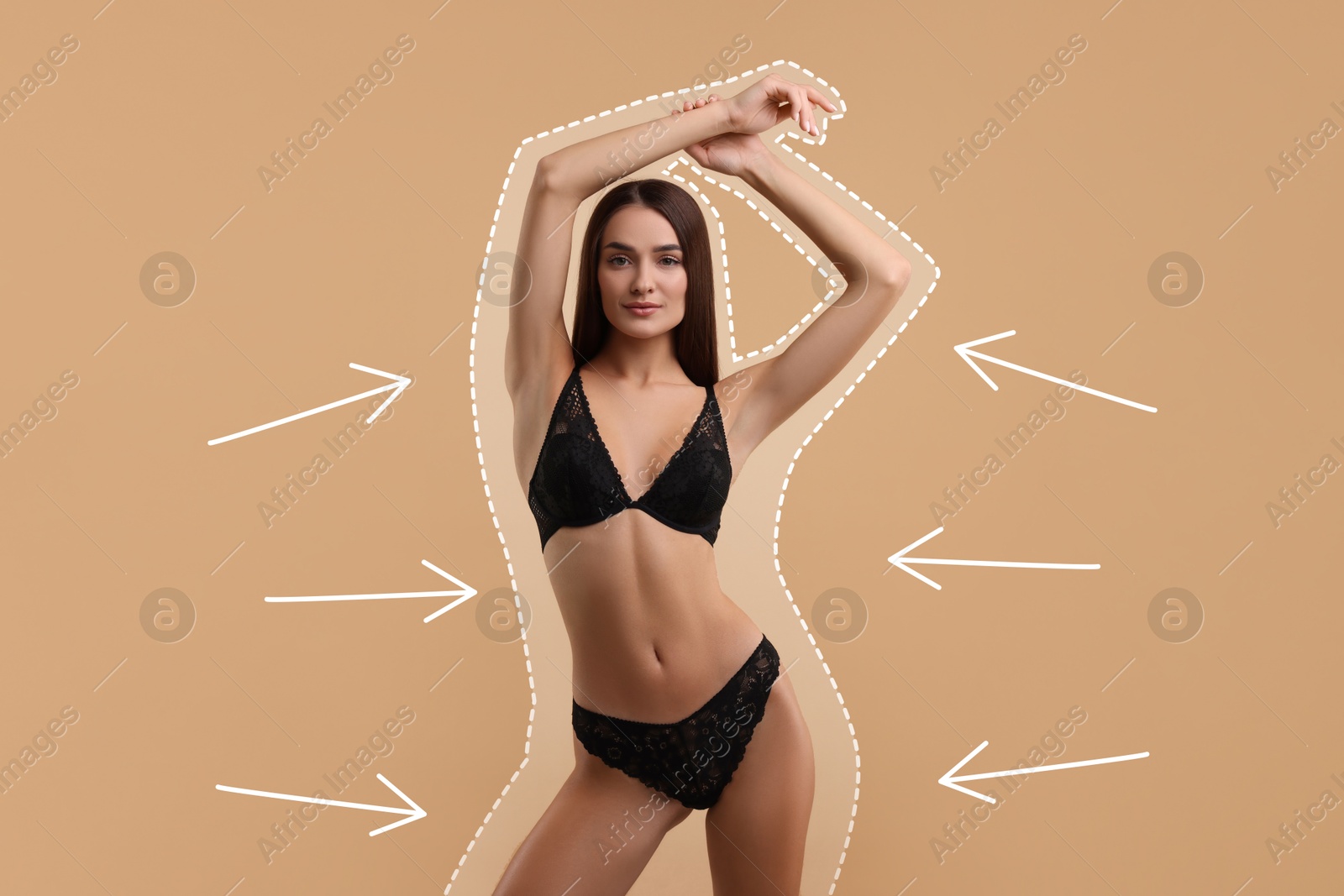 Beautiful woman showing her slim body as result of healthy lifestyle on pale brown background. Outline of previous overweight figure around Image of Beautiful woman showing her slim body as result of healthy lifestyle on pale brown background. Outline of previous overweight figure around